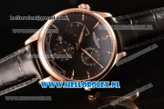 1:1 Jaeger-LECoultre Master Georgraphic Miyota 9015 Automatic Rose Gold Case with Black Dial Stick Markers and Black Genuine Leather