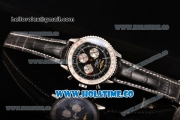 Breitling Navitimer GMT Chrono Swiss Valjoux 7750 Automatic Steel Case with Black Dial Stick Markers and Black Leather Strap