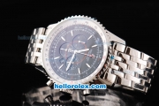 Breitling Montbrillant Chronograph Quartz Movement Silver Case with Black Dial and Silver Stick Marker-SSband