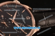 1:1 Jaeger-LECoultre Master Georgraphic Miyota 9015 Automatic Rose Gold Case with Black Dial Stick Markers and Black Genuine Leather