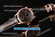 1:1 Jaeger-LECoultre Master Georgraphic Miyota 9015 Automatic Rose Gold Case with Black Dial Stick Markers and Black Genuine Leather