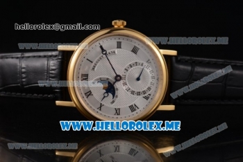 Breguet Classique Moonphase Miyota 9015 Automatic Yellow Gold Case with White Dial Black Leather Strap and Roman Numeral Markers (EF)