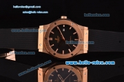 Hublot Classic Fusion Swiss ETA 2834 Automatic Rose Gold Case with Black Dial Stick Markers and Black Rubber Strap