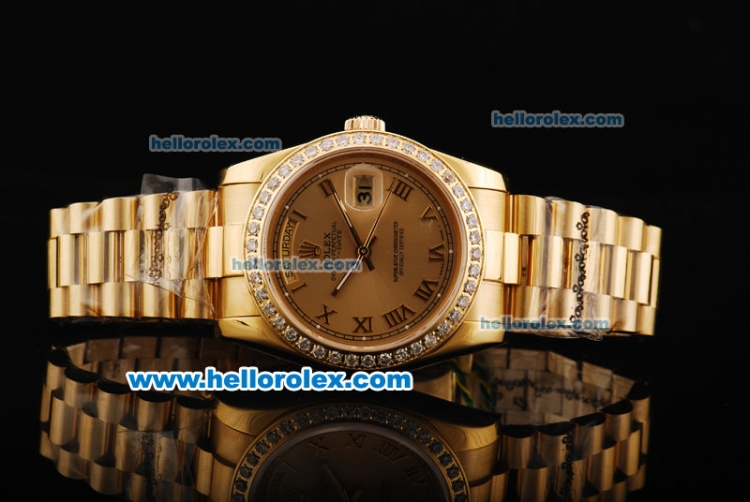 Rolex Day Date Oyster Perpetual Swiss ETA 2836 Automatic Movement Full Gold with Roman Numerals and Diamond Bezel - Click Image to Close