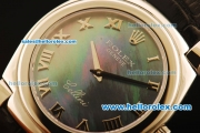 Rolex Cellini Swiss Quartz Steel Case with Green MOP Dial and Black Leather Strap-Roman Markers