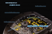 Richard Mille RM011 Swiss Valjoux 7750-SHG Automatic Black PVD Case with Yellow Rubber Strap and Skeleton Dial