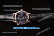 1:1 Jaeger-LECoultre Master Georgraphic Miyota 9015 Automatic Rose Gold Case with Blue Dial Stick Markers and Blue Genuine Leather