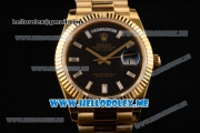Rolex Day-Date Swiss ETA 2836 Automatic Yellow Gold Case/Bracelet with Black Dial and Stick Markers (BP)