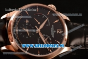 1:1 Jaeger-LECoultre Master Georgraphic Miyota 9015 Automatic Rose Gold Case with Black Dial Stick Markers and Black Genuine Leather