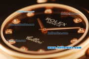 Rolex Cellini Swiss Quartz Rose Gold Case with Black Dial and Black Leather Strap-Diamond Markers