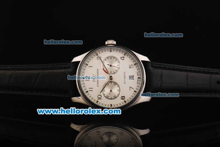 IWC Portuguese Automatic Movement Steel Case with White Dial and Black Leather Strap - Click Image to Close