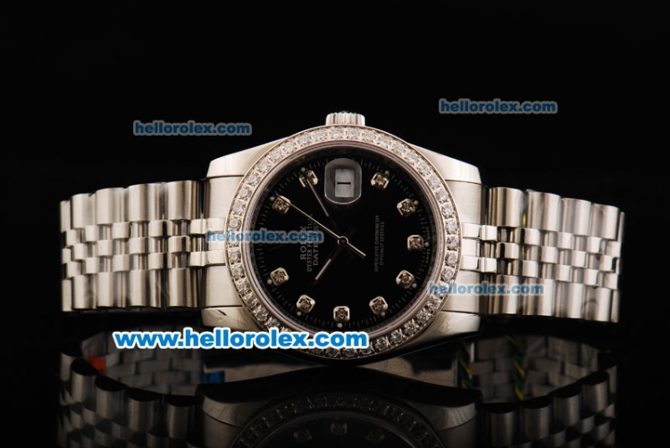 Rolex Datejust Oyster Perpetual Full Swiss ETA 2836 Automatic Movement Full Steel with Black Dial and Diamond Markers/Bezel - Click Image to Close