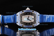 Richard Mille RM007 Automatic Movement Silver Case with Diamond Hour Marker and Blue Diamond Bezel-Blue Leather Strap