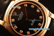 Rolex Cellini Swiss Quartz Rose Gold Case with Black Dial and Black Leather Strap-Diamond Markers