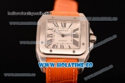 Cartier Santos 100 Large Asia Automatic Steel Case with Orange Leather Strap Black Roman Numeral Markers and White Dial