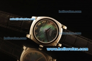 Rolex Cellini Swiss Quartz Steel Case with Green MOP Dial and Black Leather Strap-Roman Markers