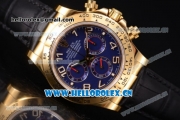 Rolex Cosmograph Daytona Clone Rolex 4130 Automatic Yellow Gold Case with Blue Dial Arabic Numeral Markers and Black Leather Strap (EF)