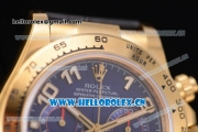 Rolex Cosmograph Daytona Clone Rolex 4130 Automatic Yellow Gold Case with Blue Dial Arabic Numeral Markers and Black Leather Strap (EF)