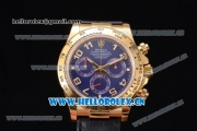 Rolex Cosmograph Daytona Clone Rolex 4130 Automatic Yellow Gold Case with Blue Dial Arabic Numeral Markers and Black Leather Strap (EF)