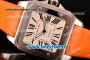 Cartier Santos 100 Large Asia Automatic Steel Case with Orange Leather Strap Black Roman Numeral Markers and White Dial