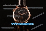 1:1 Jaeger-LECoultre Master Georgraphic Miyota 9015 Automatic Rose Gold Case with Black Dial Stick Markers and Black Genuine Leather