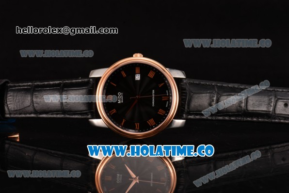 Mido Dorada Miyota Quartz Steel Case with Rose Gold Bezel and Black Dial - Click Image to Close