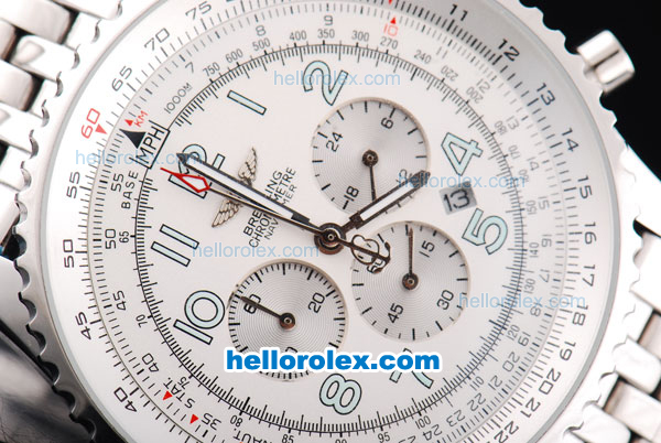 Breitling Navitimer Chronograph Quartz Movement Silver Case with White Dial and SS Strap-Number Markers - Click Image to Close