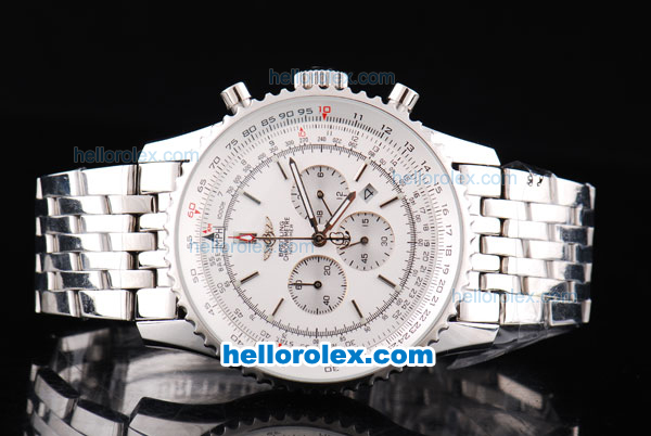 Breitling Navitimer Chronograph Quartz Movement Silver Case with White Dial and SS Strap-Stick Markers - Click Image to Close