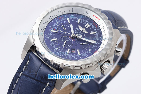 Breitling for Bentley Motors Chronograph Automatic with Blue Dial and White Graduated Bezel-Blue Leather Strap - Click Image to Close