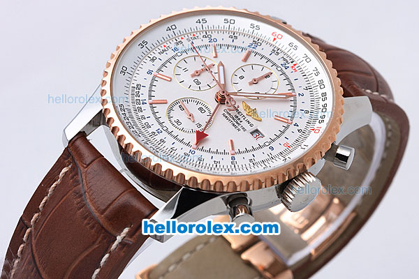 Breitling Navitimer Automatic with White Dial and Brown Leather Strap,Rose Gold Bezel-Bidirectional Slide Rule - Click Image to Close