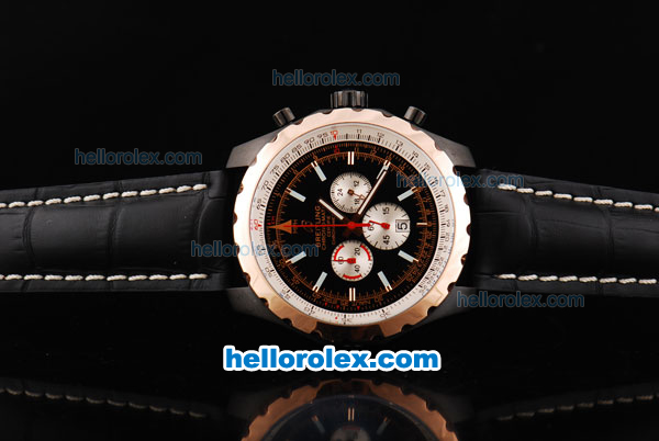 Breitling Chrono-Matic Chronograph Quartz Movement PVD Case with Black Dial and Silver Subdials/RG Bezel-Black Leather Strap - Click Image to Close