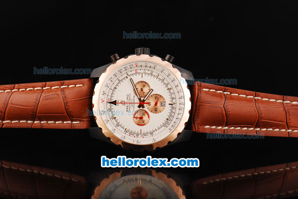 Breitling Chrono-Matic Chronograph Quartz Movement PVD Case with White Dial and RG Bezel/Subdials-Brown Leather Strap - Click Image to Close