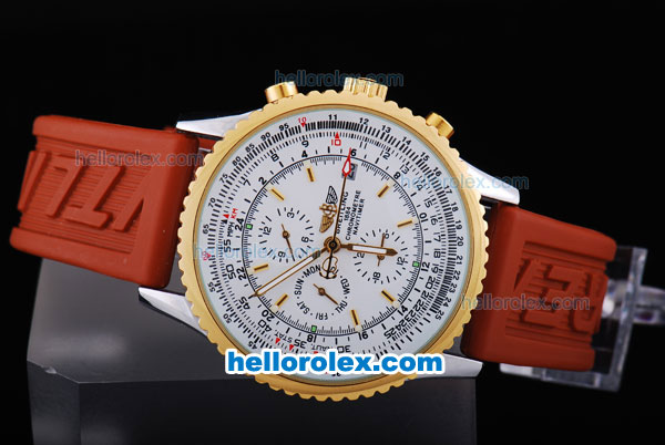 Breitling Navitimer Automatic Movement Gold Bezel with White Dial and Red Rubber Strap - Click Image to Close