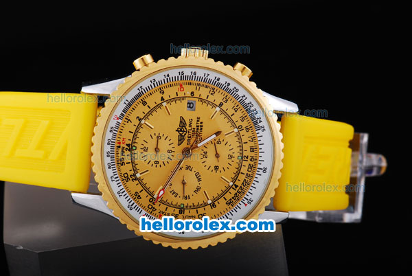 Breitling Navitimer Automatic Movement Gold Bezel with Yellow Dial and Rubber Strap - Click Image to Close