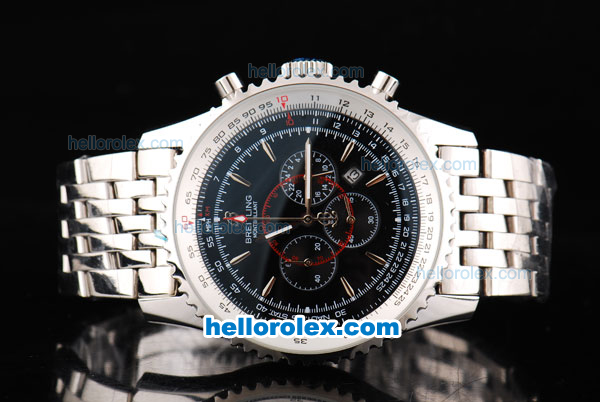 Breitling Montbrillant Chronograph Quartz Movement Silver Case with Black Dial and Silver Stick Marker-SSband - Click Image to Close