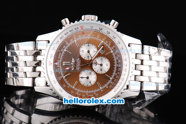 Breitling Navitimer Chronograph Quartz Movement Silver Case with Brown Dial and SS Strap-Stick Markers - Click Image to Close