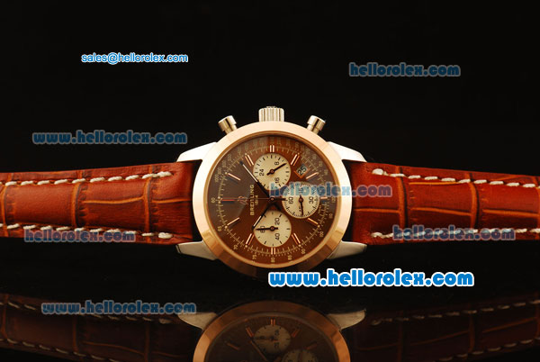 Breitling Transocean Quartz Steel Case with Rose Gold Bezel and Brown Dial-Brown Leather Strap - Click Image to Close