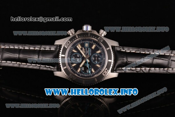 Breitling Superocean Chronograph II Chronograph Swiss Valjoux 7750 Automatic Steel Case with Black Dial Black Leather Strap and Stick Markers -Blue Second Hand - Click Image to Close