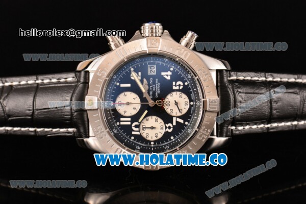 Breitling Avenger Seawolf Miyota Quartz Steel Case with Black Dial and Black Leather Strap - White Arabic Numeral Markers - Click Image to Close