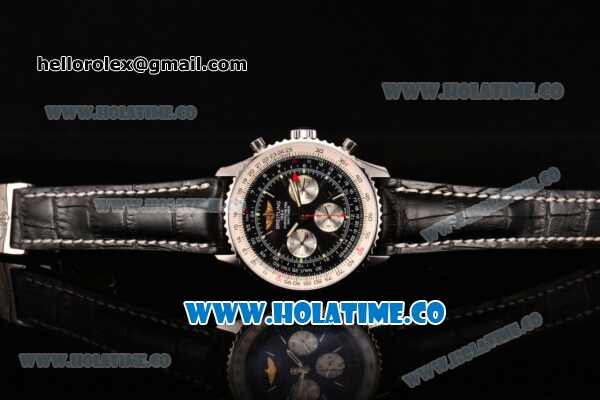 Breitling Navitimer GMT Chrono Swiss Valjoux 7750 Automatic Steel Case with Black Dial Stick Markers and Black Leather Strap - Click Image to Close