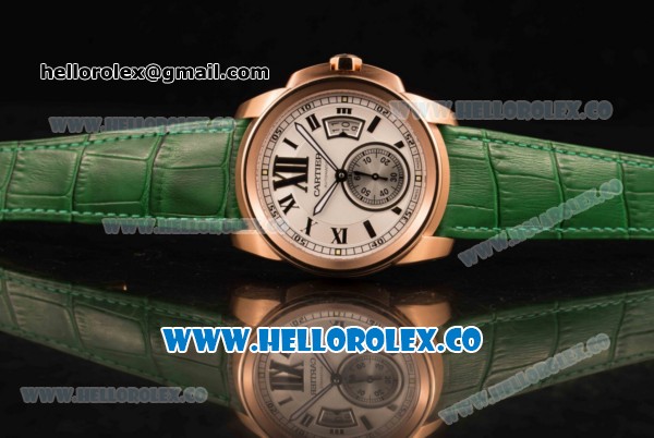 Cartier Calibre De Cartier Miyota 9015 Automatic Rose Gold Case with White Dial and Green Leather Strap - Click Image to Close