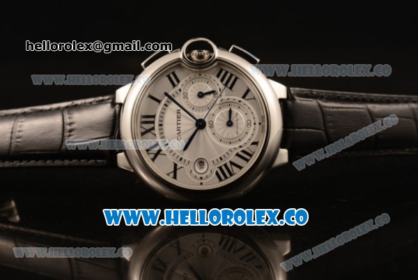 Cartier Ballon Bleu De Chrono Swiss Valjoux 7750 Automatic Steel Case with White Dial Roman Numeral Markers and Genuine Leather Strap - Click Image to Close