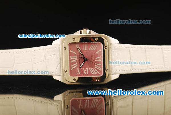 Cartier Santos 100 1:1 Original Swiss ETA 2671 Automatic Movement Pink Dial with White Roman Markers and White Leather Strap - Click Image to Close