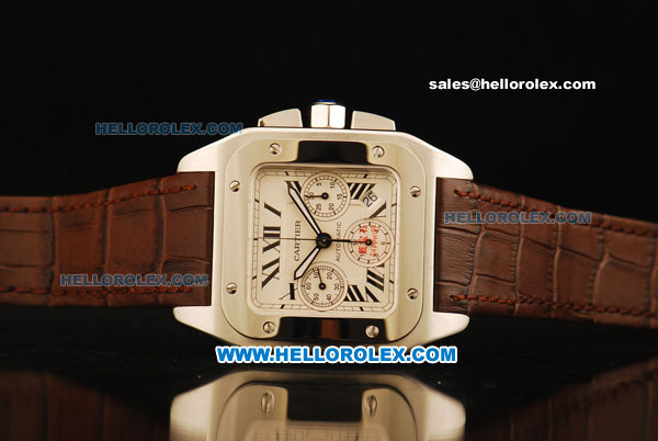 Cartier Santos 100 Swiss Valjoux 7753 Automatic Movement White Dial with Brown Leather Strap - Click Image to Close