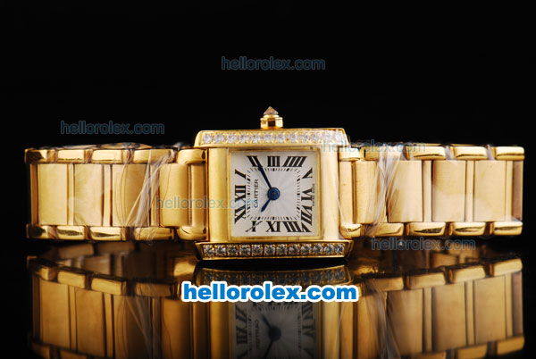 Cartier Tank Miyota Quartz Movement Gold Case with Diamond Bezel and Black Roman Marking-Lady Size - Click Image to Close