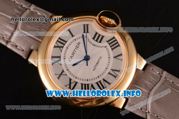 Cartier Ballon Bleu De Medium Asia 4813 Automatic Yellow Gold Case with Sliver Dial and Grey Leather strap - Click Image to Close