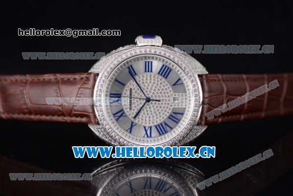 Cartier Cle de Cartier Asia ST16 Automatic Steel/Diamonds Case with Roman Numeral Markers Brown Leather Strap and Diamonds Dial - Click Image to Close