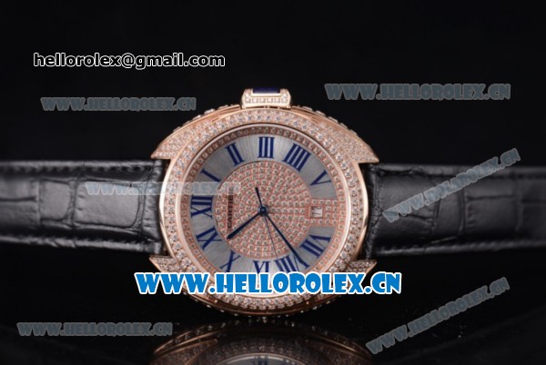 Cartier Cle de Cartier Asia ST16 Automatic Rose Gold/Diamonds Case with Diamonds Dial Roman Numeral Markers and Black Leather Strap Diamonds Bezel - Click Image to Close