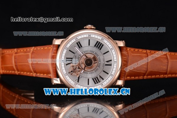 Cartier Rotonde de Cartier Astrotourbillon Asia 2813 Automatic Rose Gold Case with Silver Dial Roman Numeral Markers and Brown Leather Strap - Click Image to Close