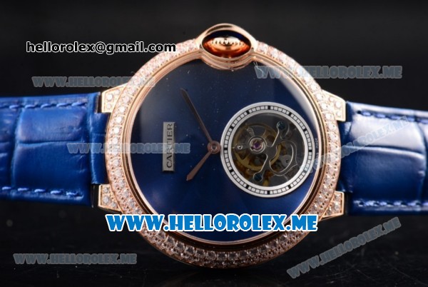 Cartier Ballon Bleu de Cartier Flying Tourbillon Swiss Tourbillon Manual Winding Rose Gold Case with Blue Dial and Blue Leather Strap - Click Image to Close